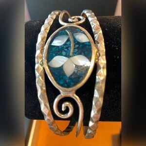 Silver Turquoise Mother Of Pearl Floral Inlay Cuff Bracelet Women’s Mexico